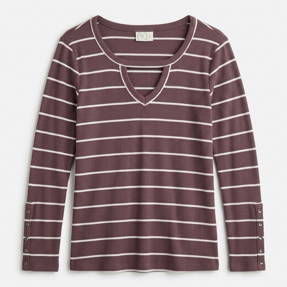 Maurices Top Women XL Brown Striped Waffle Knit Cutout V-Neck Casual Cozy